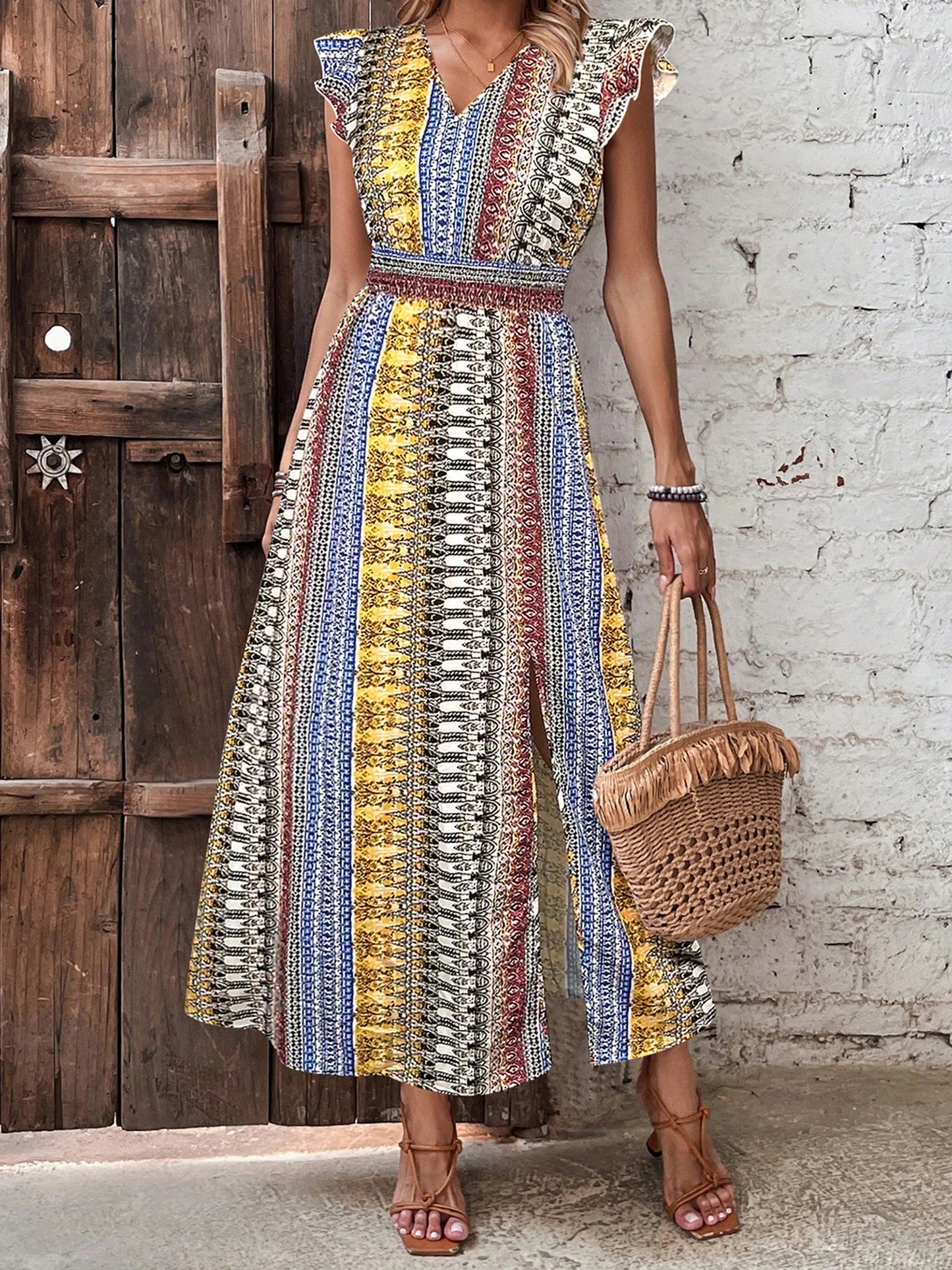 Elegant Floral Print Maxi Dress with Ruffle Sleeves and Side Slit Perfect for Summer Parties and Club Nights