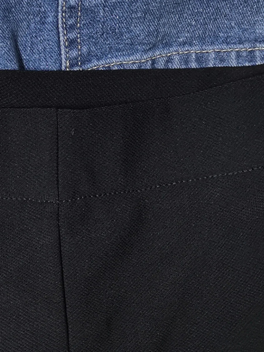 Women’s Trendy High Waist Patchwork Pants Black Bodycon Shorts Top with Blue Jean Bell Bottom Overlay and Punk-Inspired