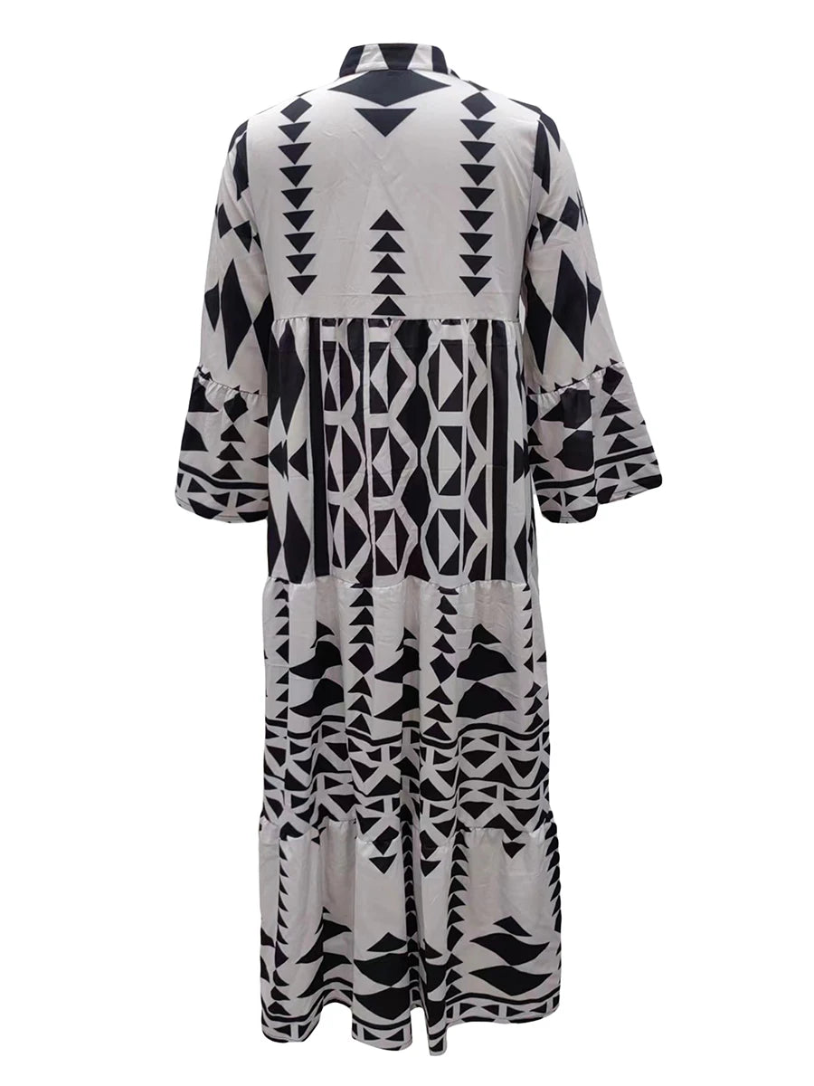 Women Long Dress Long Sleeve Button-down Geometric Print Bohe Dress Loose Swing Dress for Casual Daily
