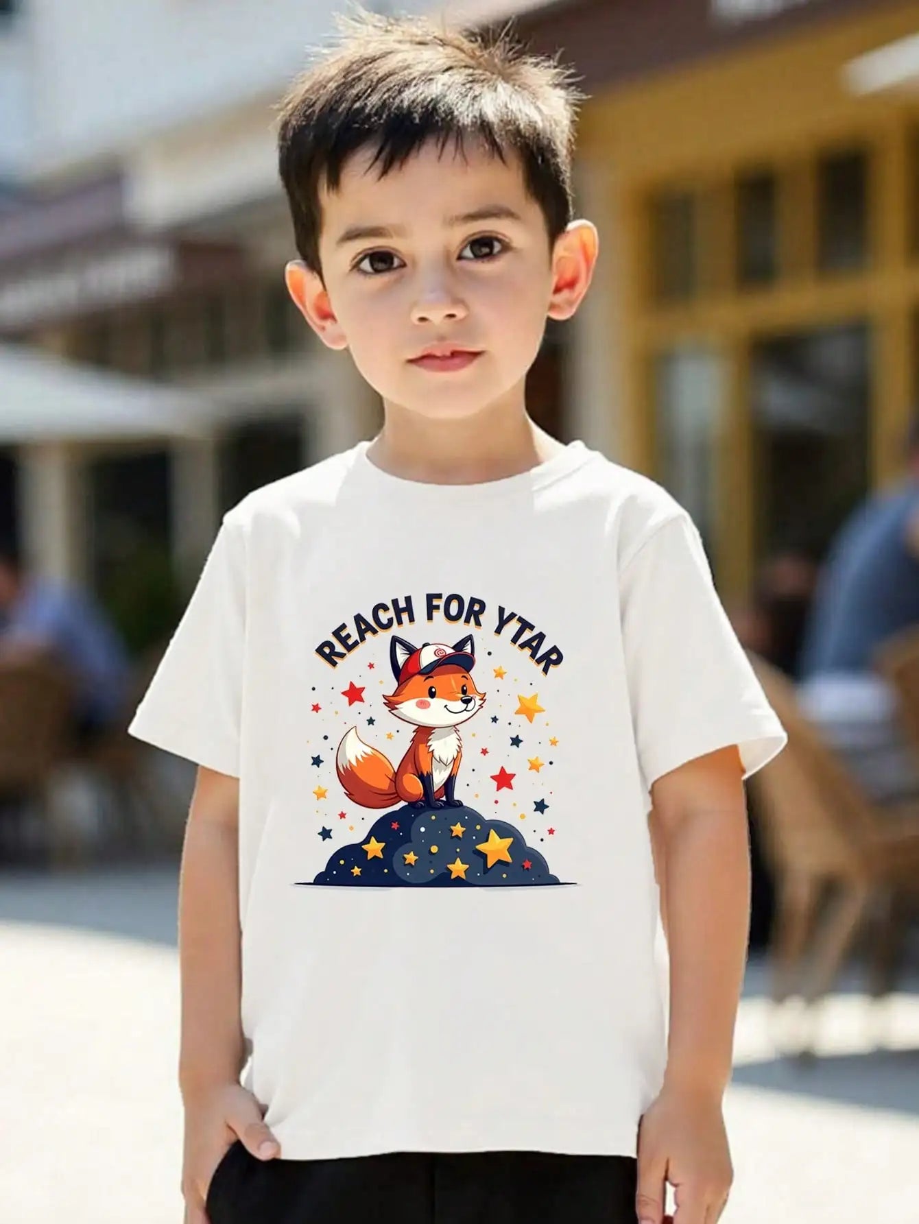 Tween Girls/Boys Clothes, Cartoon Animal Cotton T-Shirt, White Tee With Fox And Star Elements