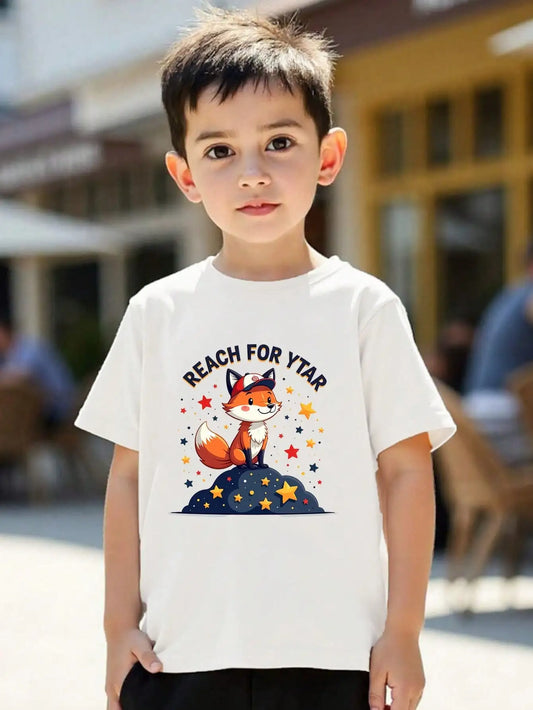 Tween Girls/Boys Clothes, Cartoon Animal Cotton T-Shirt, White Tee With Fox And Star Elements