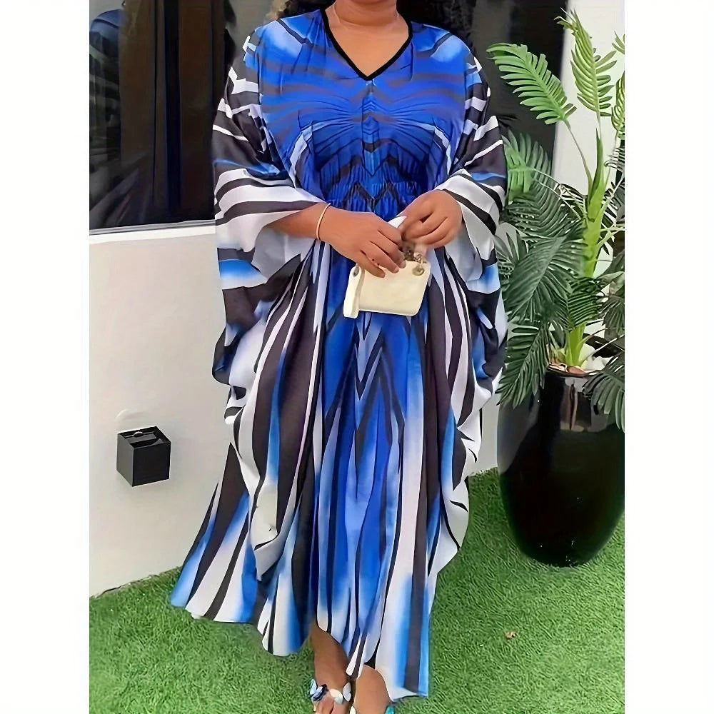 Printed Rhinestone Decoration V-neck Bat Sleeve Loose Vacation Long Style Plus Size Cheongsam Dress