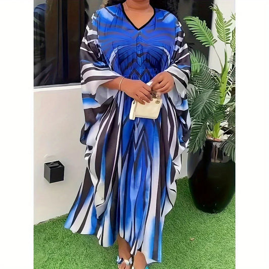 Printed Rhinestone Decoration V-neck Bat Sleeve Loose Vacation Long Style Plus Size Cheongsam Dress