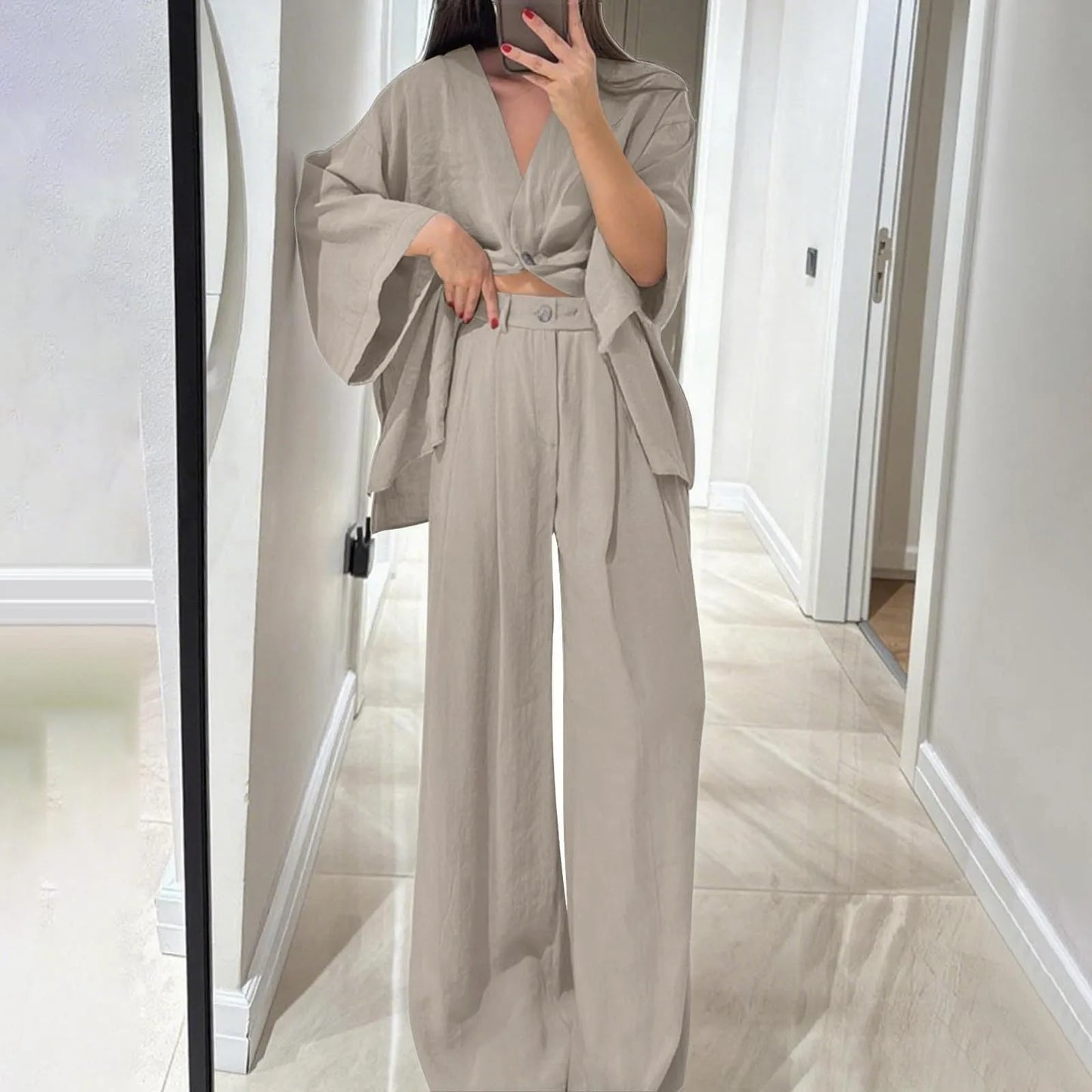 Two Piece Outfits For Women V Neck Button Down Shirt Top And Wide Leg Pants Set Loose Sweatsuits Conjunto Dos Piezas Mujer