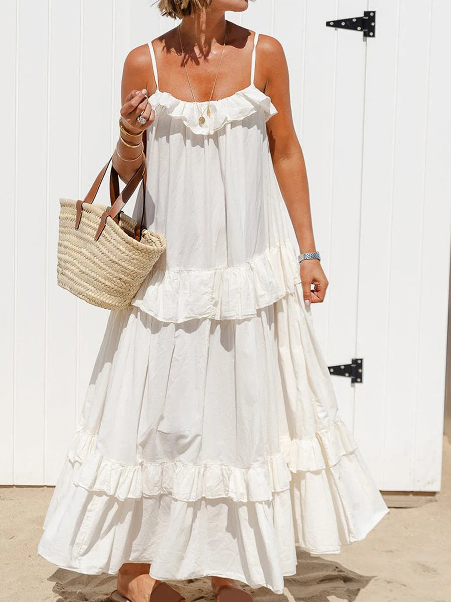 Women s Long Cami Dress Casual Loose Scoop Neck Back Tie-Up Swing Tiered Ruffled Spaghetti Strap Dress