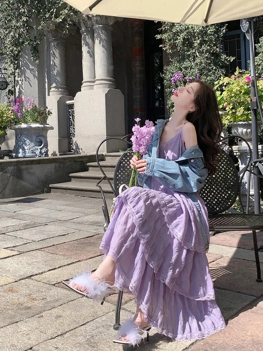 SweetAge-ReducingWhite French Style Tank Dress Loose Fit Long Dress For Women Spring Vacation Style Petite Cake Dress