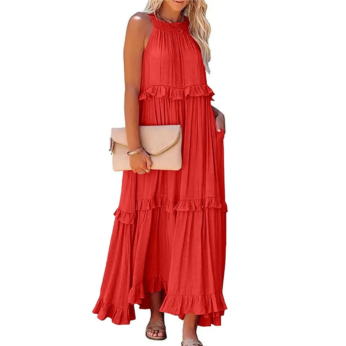 Spring Dress For Women Sexy Solid Strap Dress Pocket Loose Backless Big Swing Dresses Holiday Dresses For Women Wedding Guest