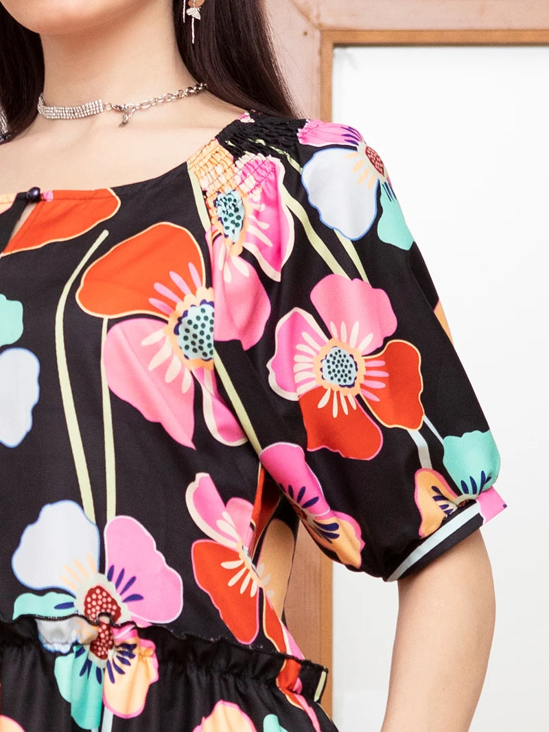 Sweet Round neck Flowers Plant Pocket Buttons Lantern sleeve Long Dresses Black Dresses