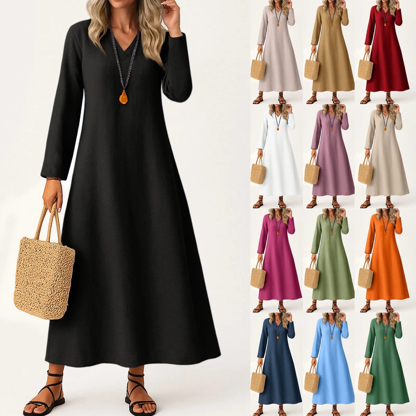 Dress For Women Long Boho Beach Dress Elegant Maxi Dress V-Neck Long Sleeve Dress With Pockets Vestidos Para Mujer Female Dress