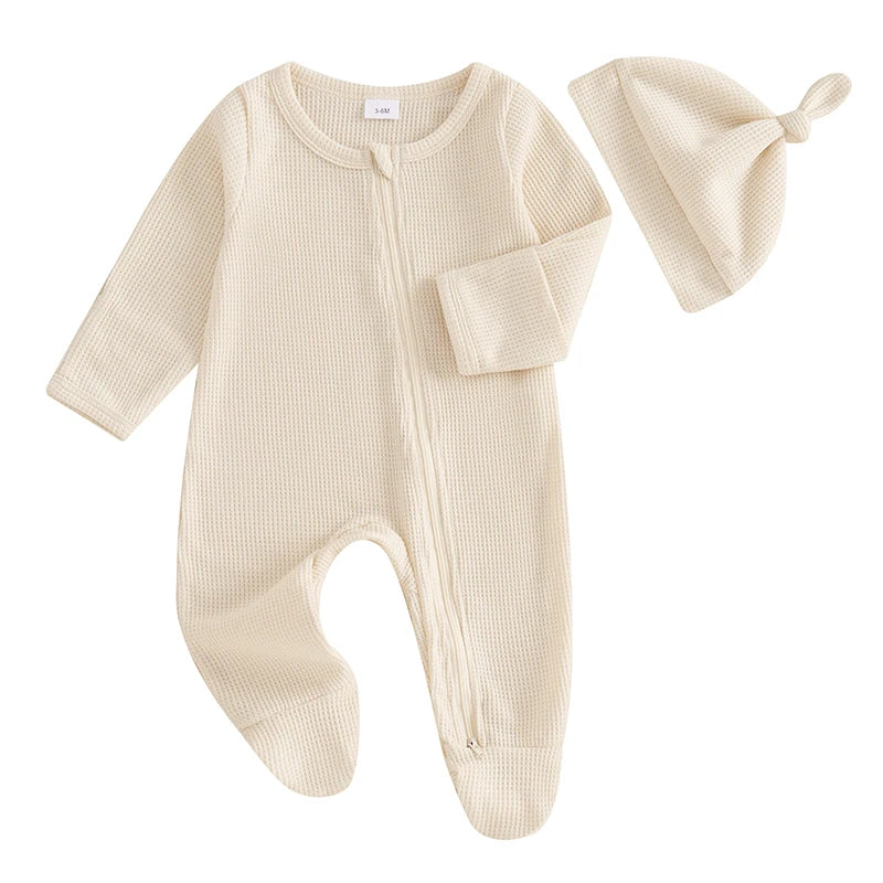 Infant Winter Warm Romper Solid Color Fleece Long Sleeve Hooded Zipper Jumpsuit with Mittens and Booties
