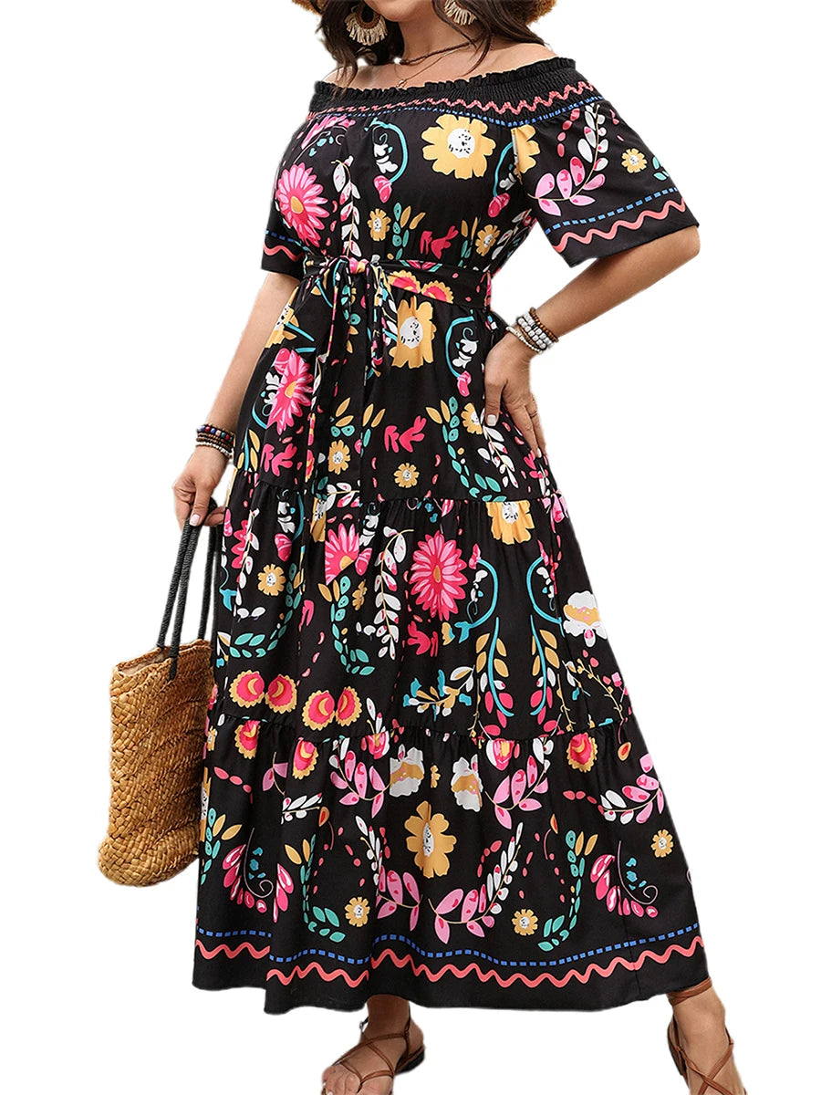 Women s Floral Print Off-Shoulder Maxi Dress Elegant Summer Swing Dress for Beach Vacation or Special Occasions