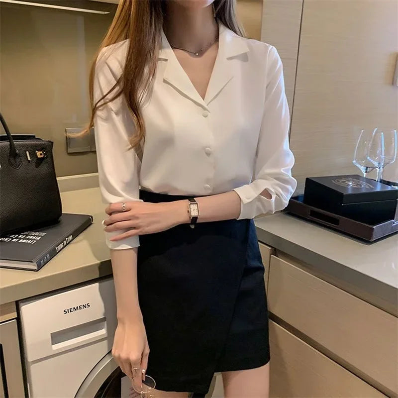 Women Spring Autumn Style Blouses Shirts Office Wear Lady OL Long Sleeve Notched Collar Blusas Tops WY1003