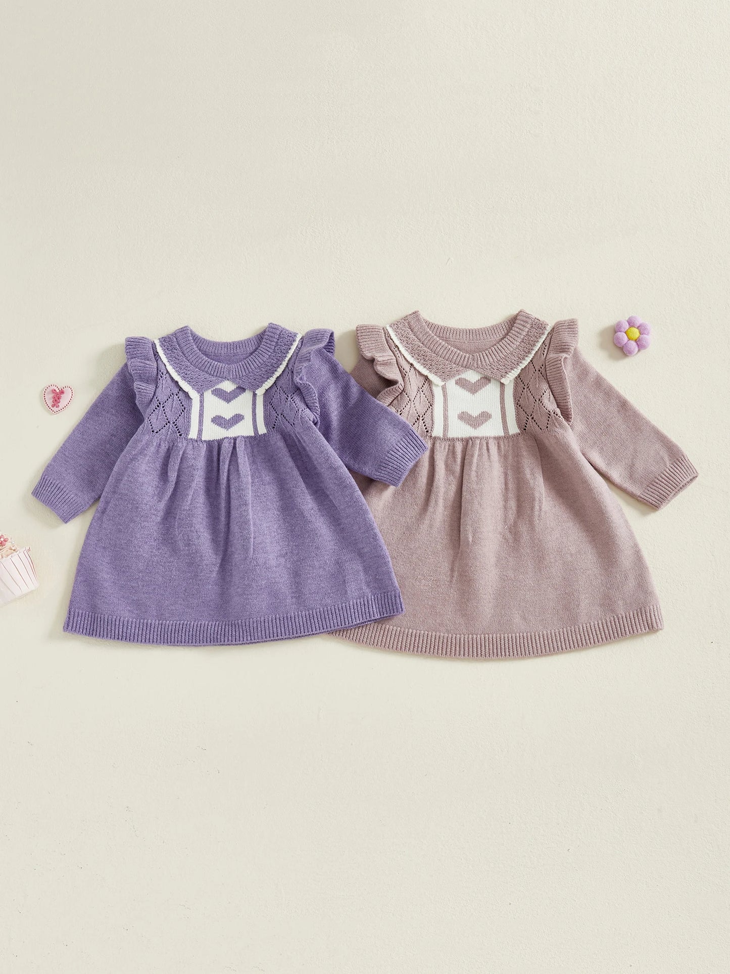 Girls Heart Print Knit Sweater Dress with Long Sleeves Round Neck and A-line Silhouette - Adorable and Stylish Option for