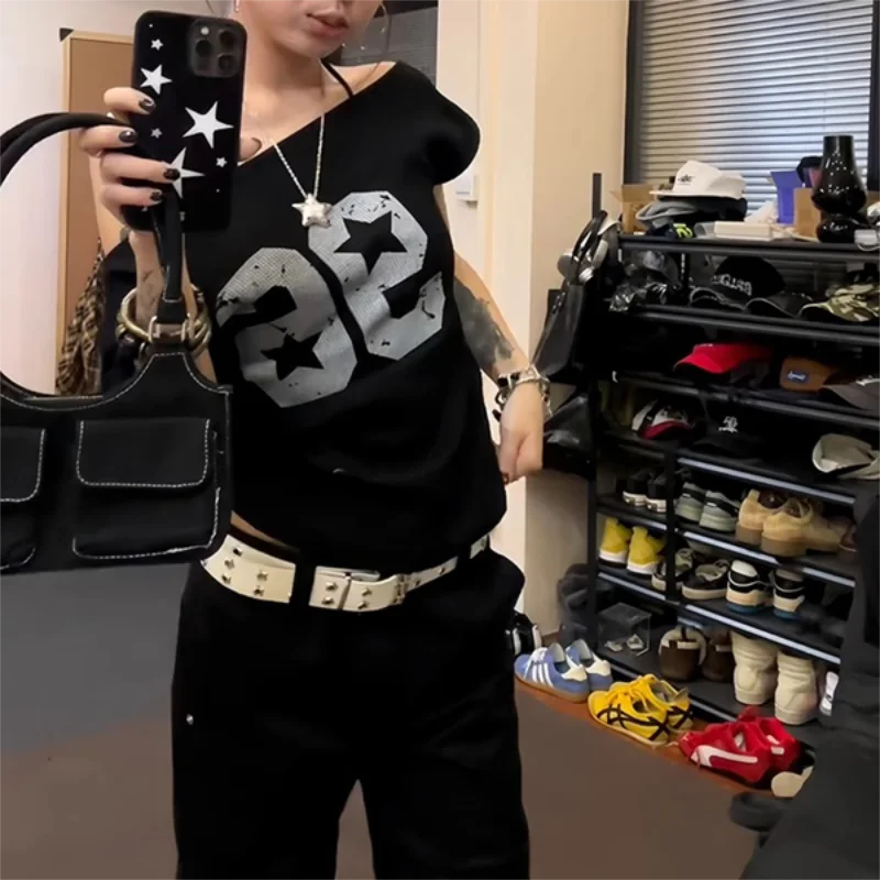 Off Shoulder Y2k Tops Print Short Sleeve T-Shirt Harajuku Loose Women Top Summer New Fashion Street Clothing