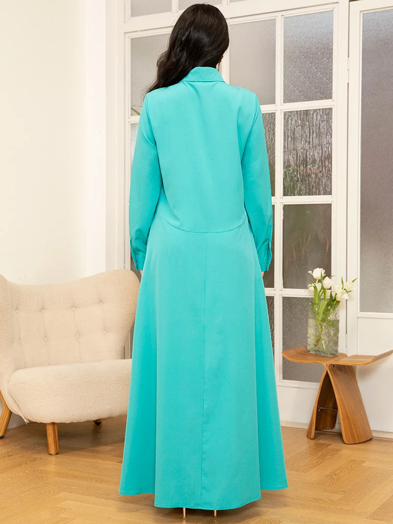 2025 Spring/Summer Collection - Light Green Preppy Lapel Long Dress with Pockets and Button Applique
