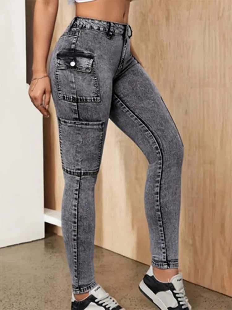 Women's black and gray side pockets fashionable simple elastic slim casual nine-point small foot jeans