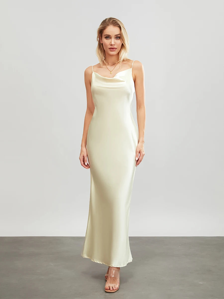 Women Long Bodycon Dress Solid Color Spaghetti Strap Cowl Neck Sleeveless Dress Summer Backless Cami Dress