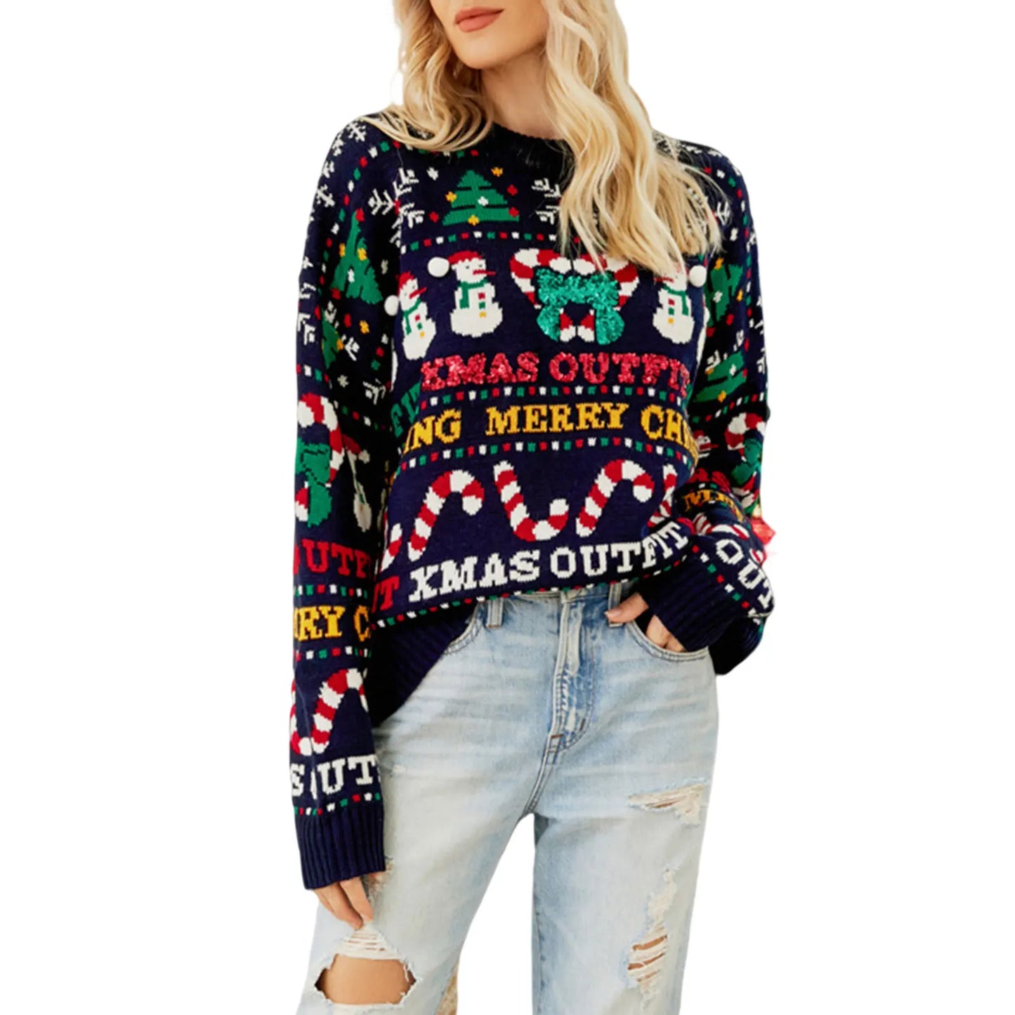 Women s Ugly Christmas Sweaters Long Sleeve Santa Snowman Print Loose Knit Pullovers