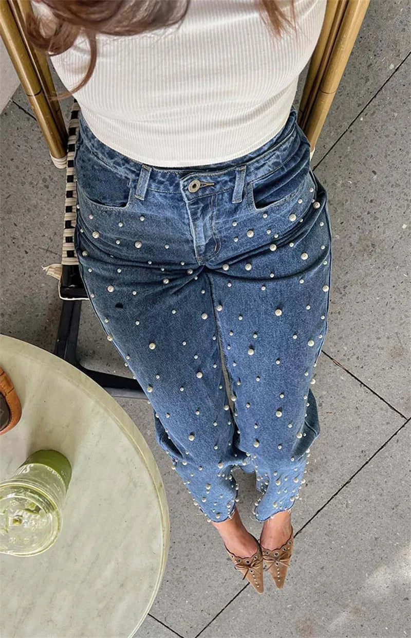 2025 Y2K Fashion Beading Vintage Denim Pants Women Loose Baggy Straight Jeans Female Casual Midi Waist Trousers Trend Streetwear