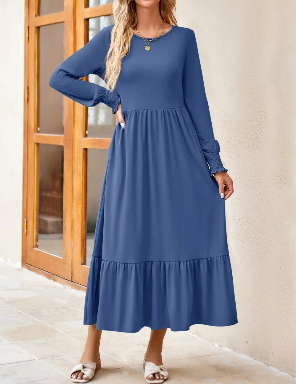 Women's 2025 Fall Long Sleeve Dress Crewneck Casual Loose Pleated Tiered Swing Midi Dresses with Pockets
