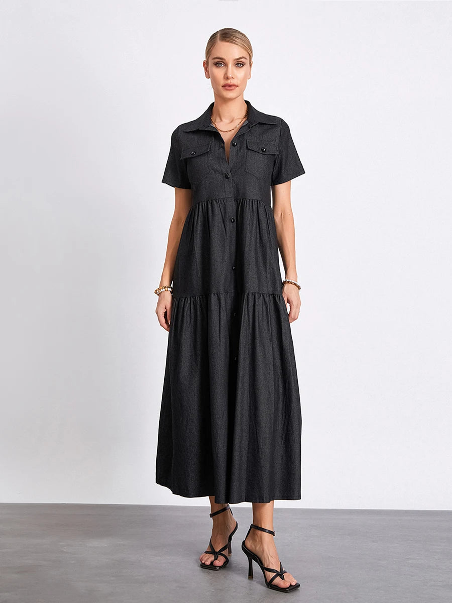 Women s Plus Size Denim Dress Short Sleeve Turn Down Collar Button Front Loose Swing Jean Dress