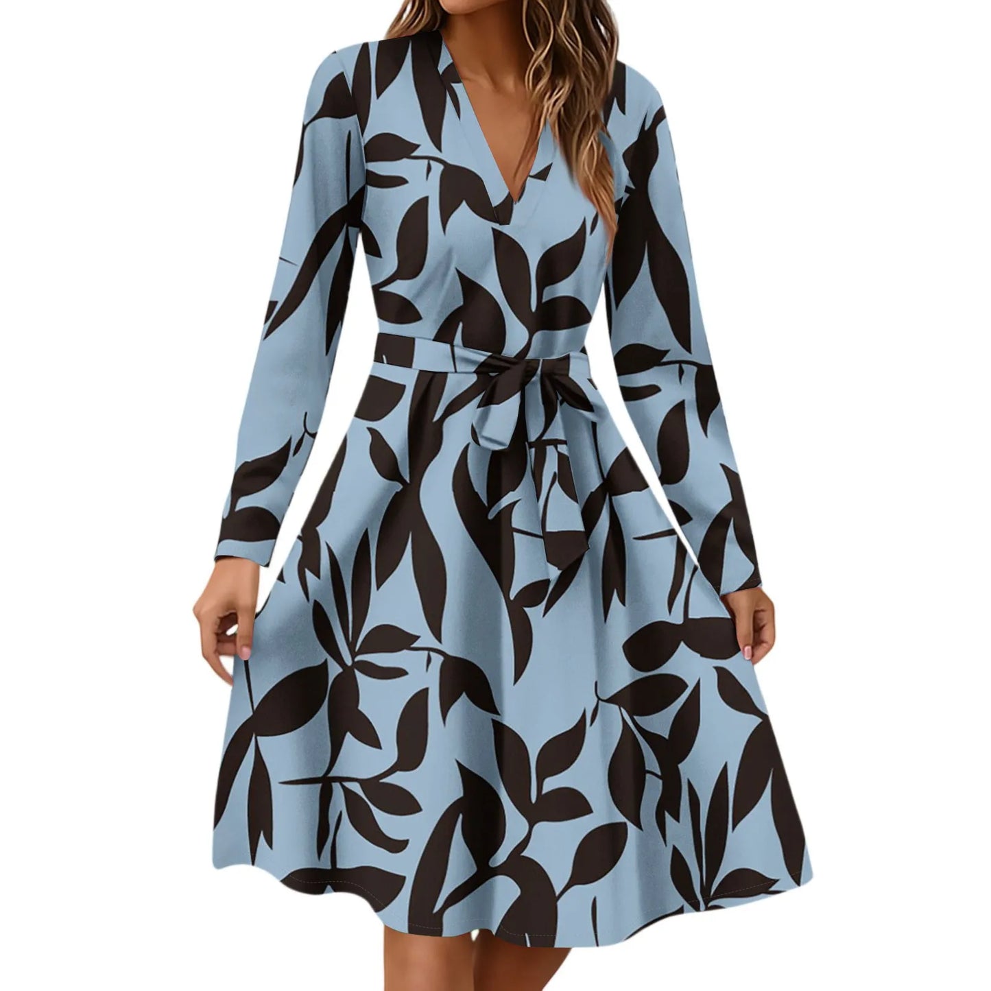 Women'S Fashion Casual V-Neck Long Sleeve Waist Floral Print Midi Dress Vestidos Para Mujer Female Dress Y2k Traf Roupas Feminin