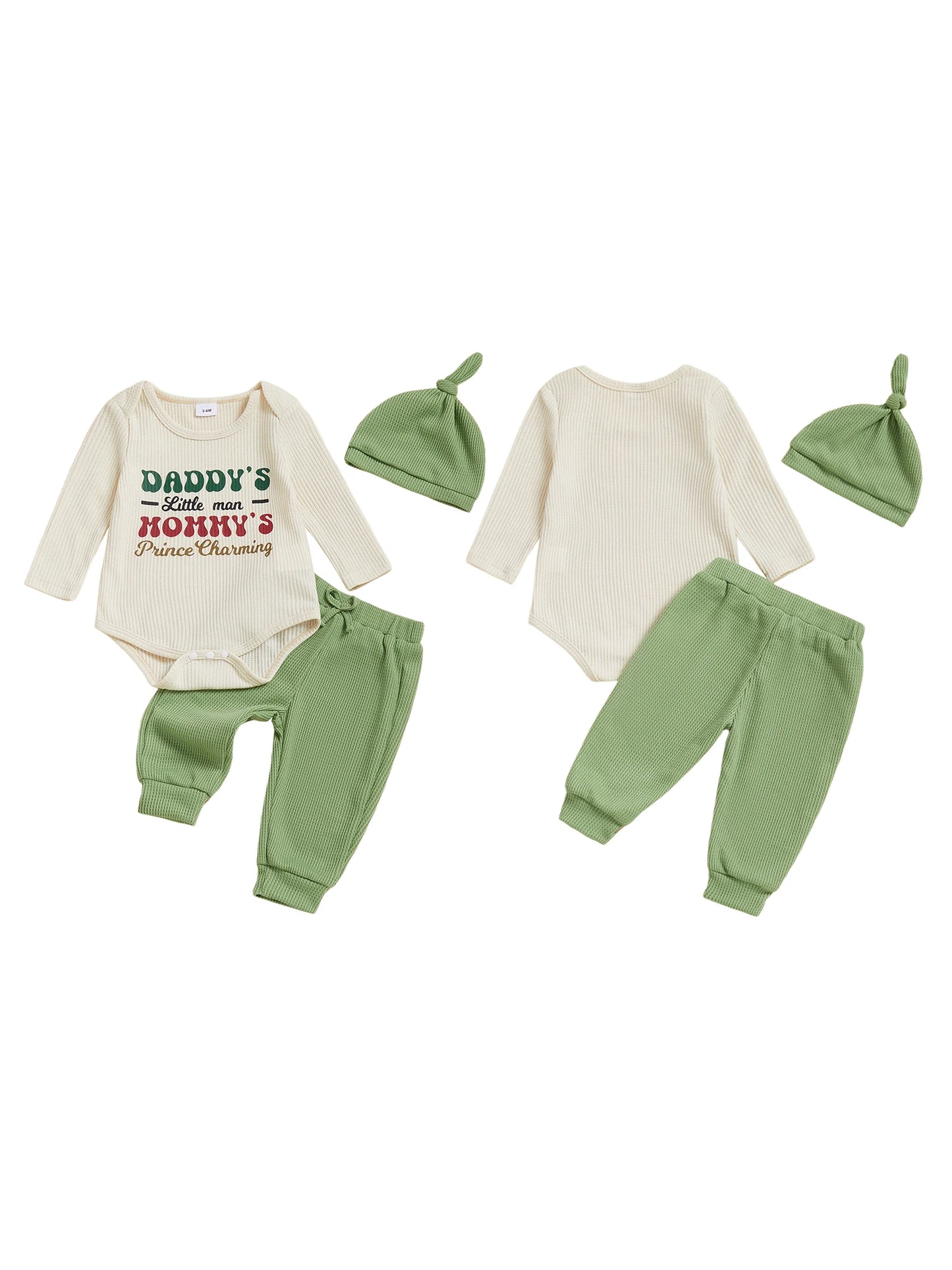 Adorable Infant Unisex Clothing Set with Printed Romper Joggers Pants and Hat - Long Sleeve Crew Neck Outfit for Newborn Boy