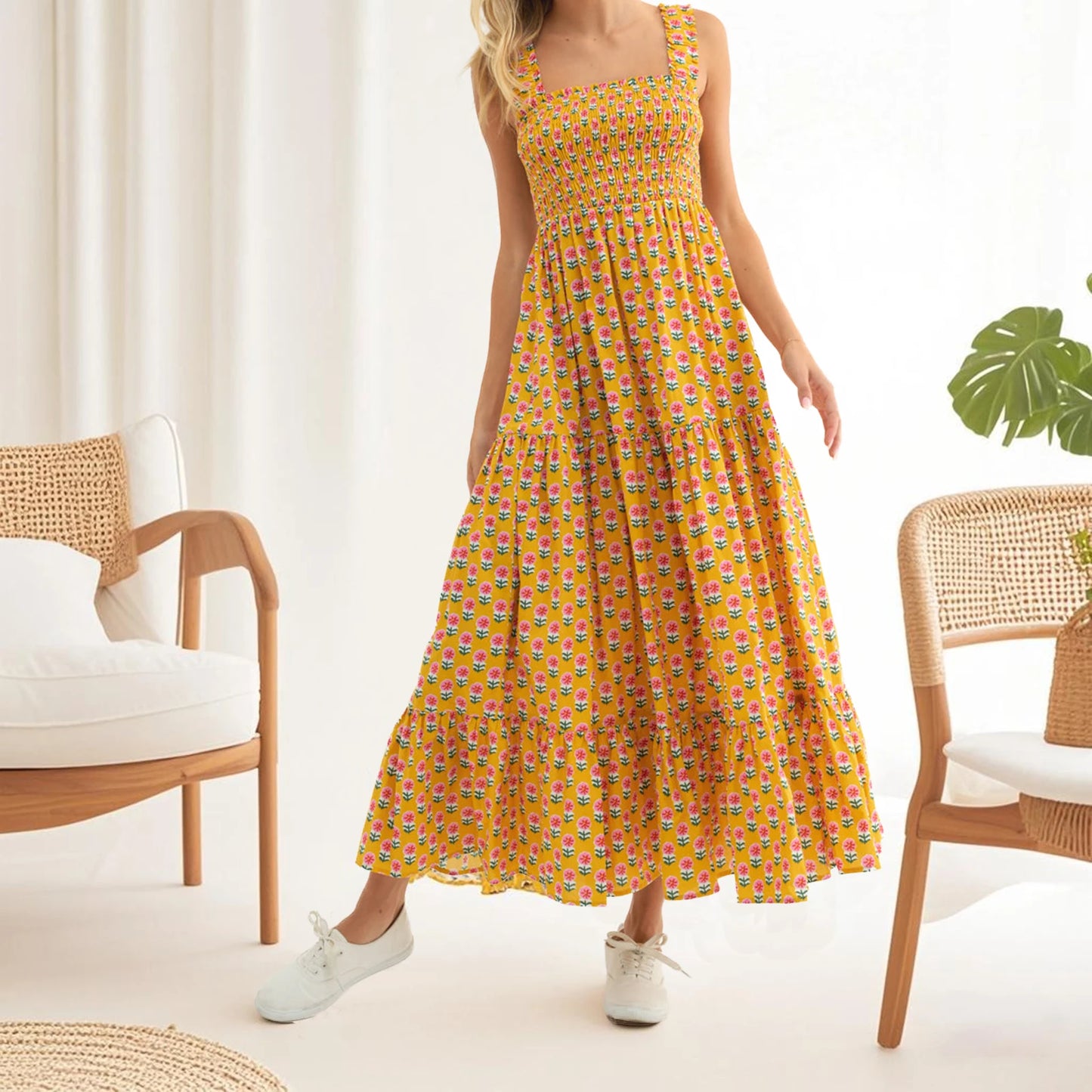 Women Boho Maxi Dress Off Shoulder Ruffle Floral Print Sleeveless Smocked Waist Long Summer Beach Dress with Pockets