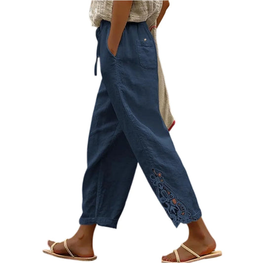 Women'S Casual Solid Color Lace Splicing Design High Waist Drawstring Pocket Nine Minute Pants Pantalones De Mujer Cargo Pants