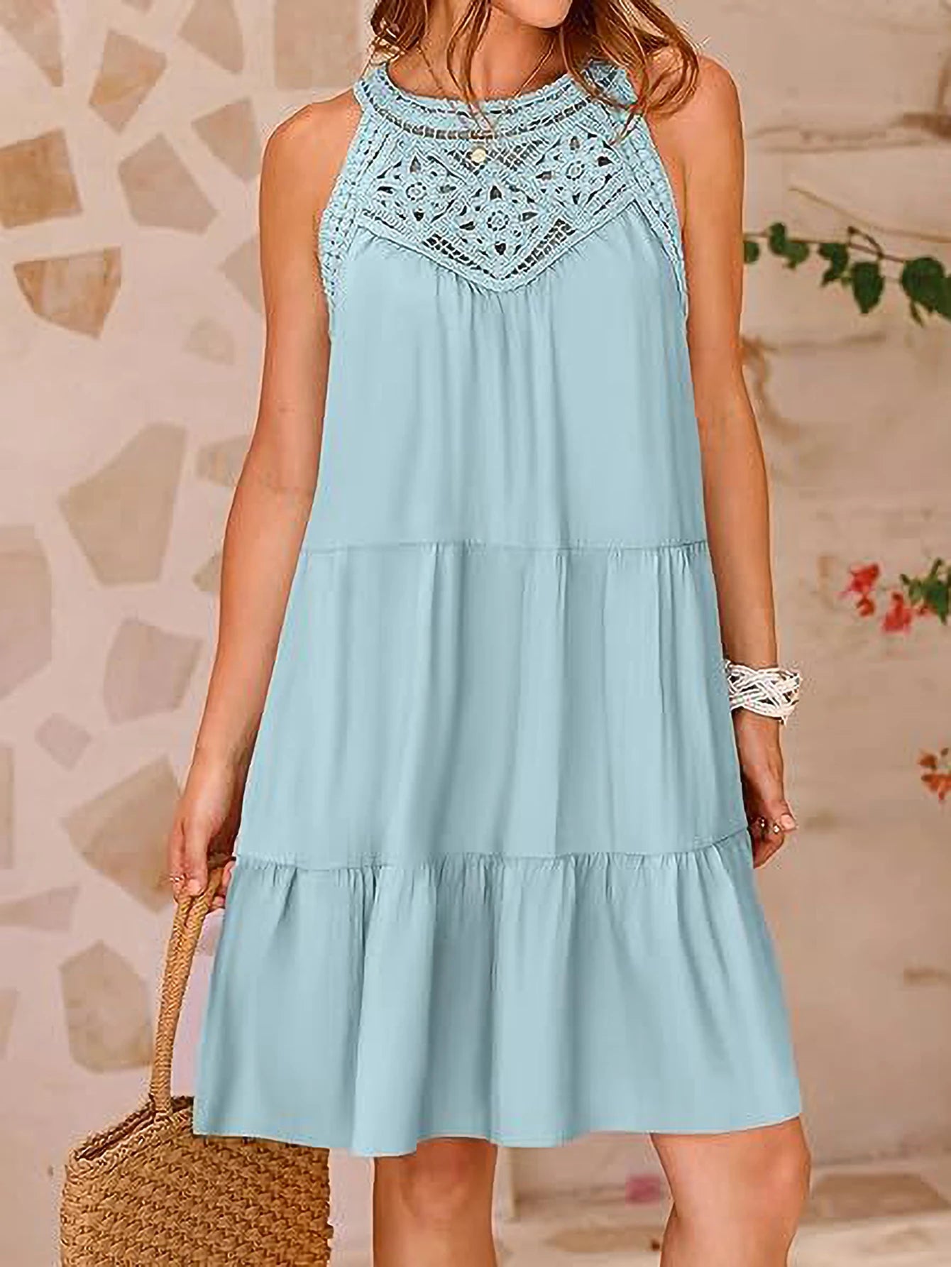 2025 New Summer Simple Round Neck Solid Color Embroidery Lace Strapless Sleeve Mid-length Blue Dresses