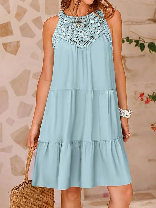 2025 New Summer Simple Round Neck Solid Color Embroidery Lace Strapless Sleeve Mid-length Blue Dresses