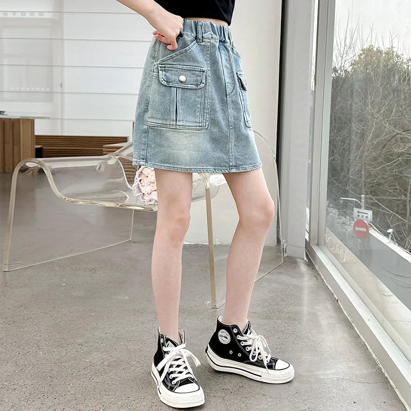 Summer Teen Girls Skirt Kids Casual Blue Denim Dresses With Pockets Design Tween Girls Casual Short Dress Toddler Ages  4-14Y