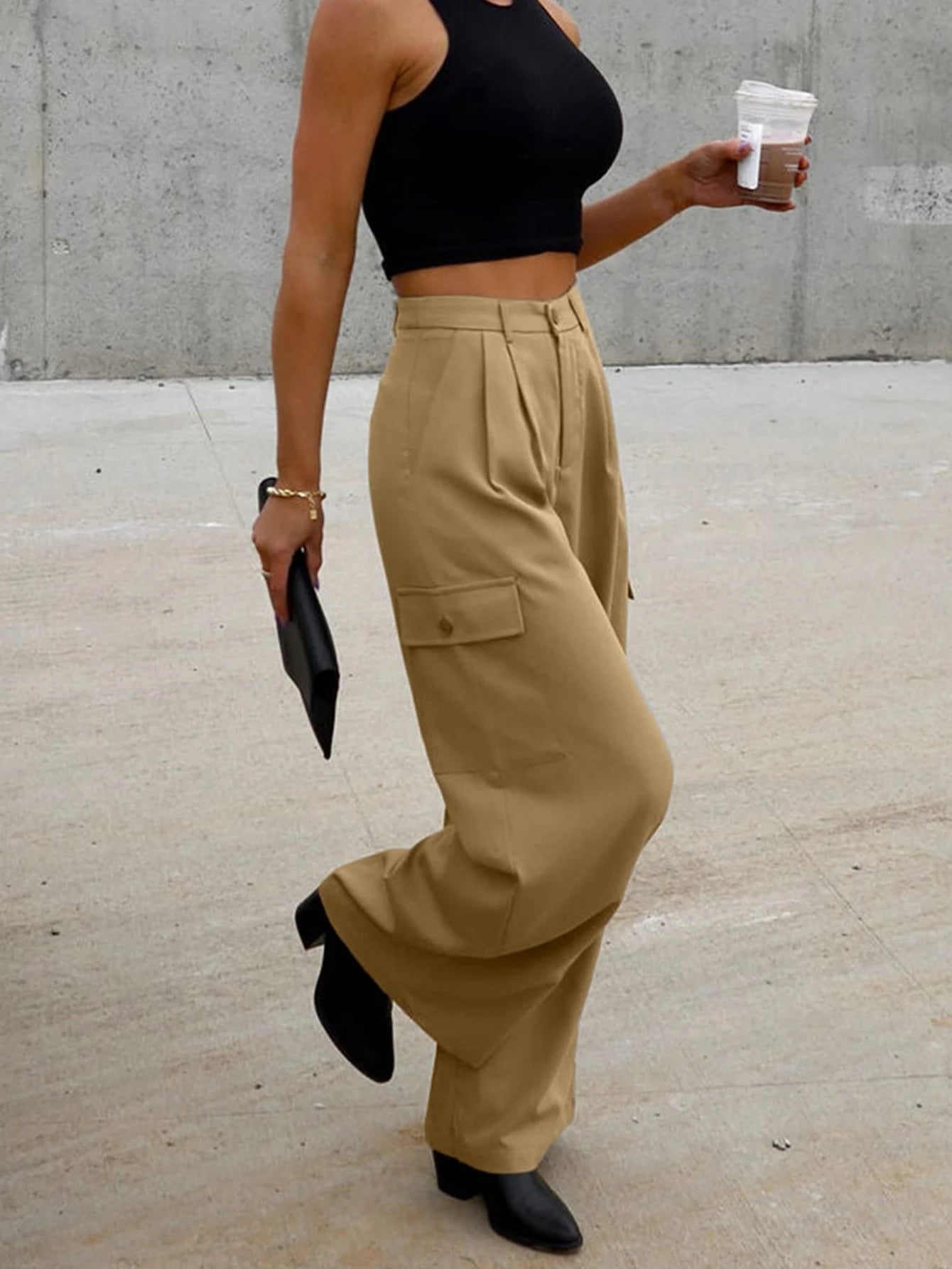 Casual High Waisted Pants for Women Loose Solid Color Versatile Wide Leg Pants with 4 Pockets Cargo Pants Khaki XL