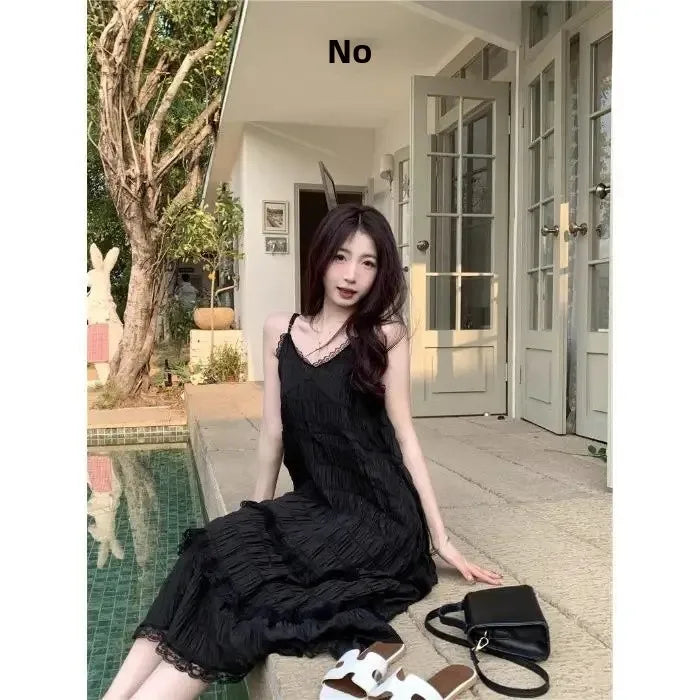 SweetAge-ReducingWhite French Style Tank Dress Loose Fit Long Dress For Women Spring Vacation Style Petite Cake Dress