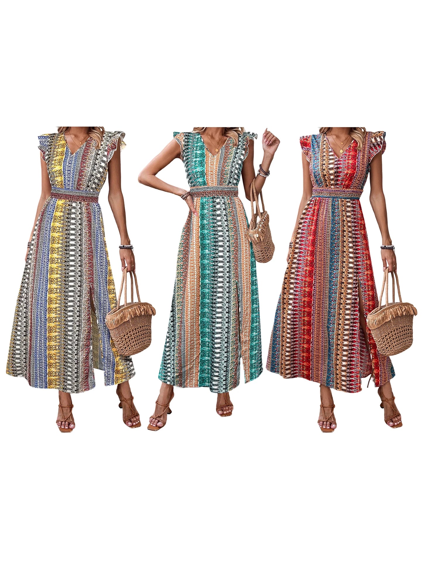 Elegant Floral Print Maxi Dress with Ruffle Sleeves and Side Slit Perfect for Summer Parties and Club Nights