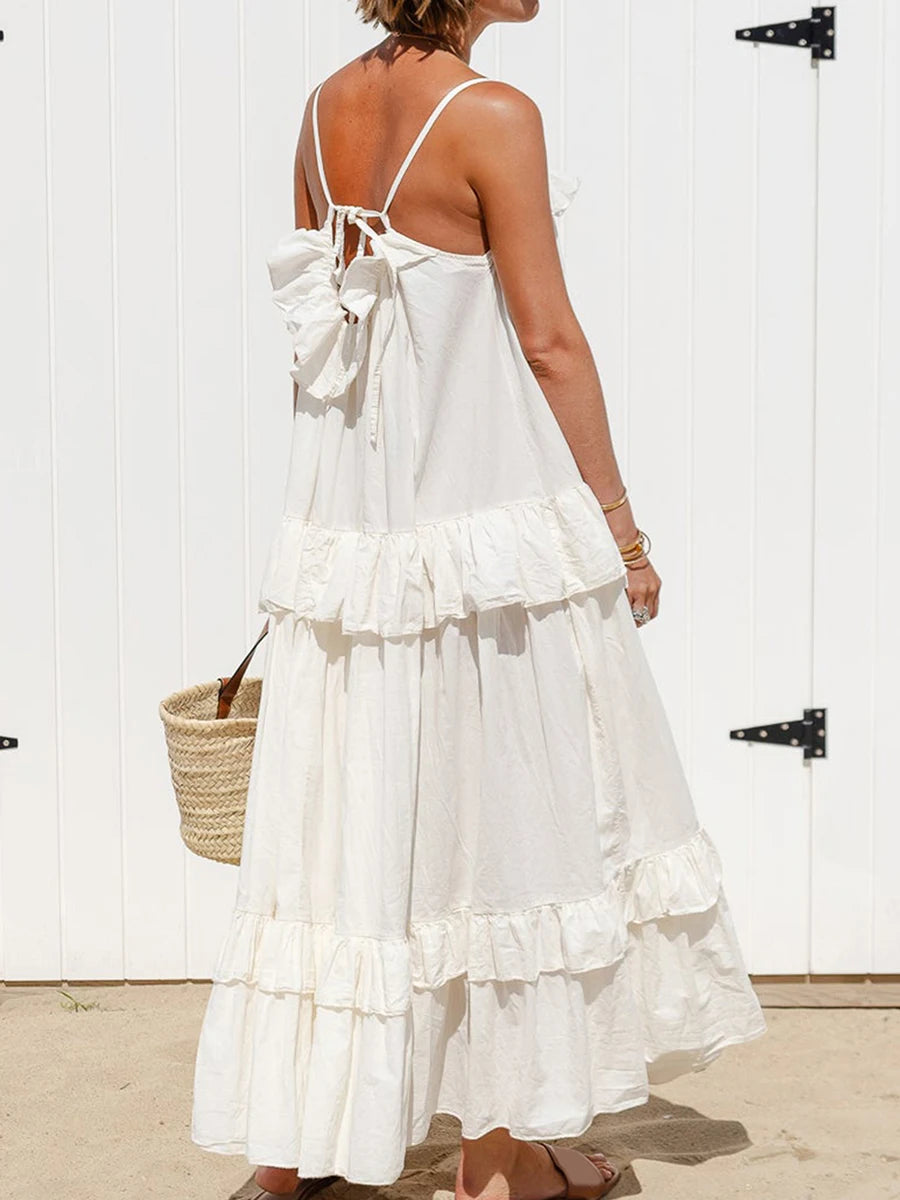 Women s Long Cami Dress Casual Loose Scoop Neck Back Tie-Up Swing Tiered Ruffled Spaghetti Strap Dress
