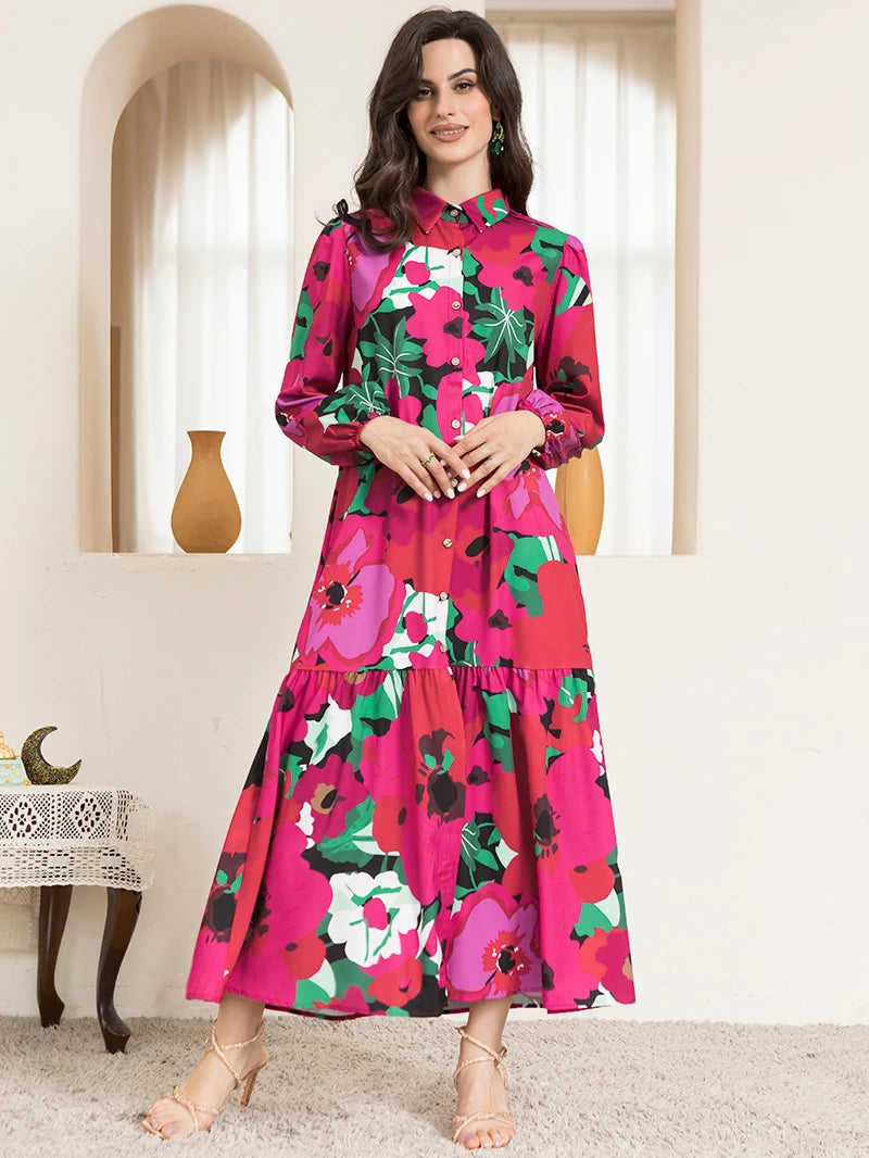 Sweetheart Collar Long Sleeve Button Belted Polka Dot Print Maxi Dress in Rose Pink
