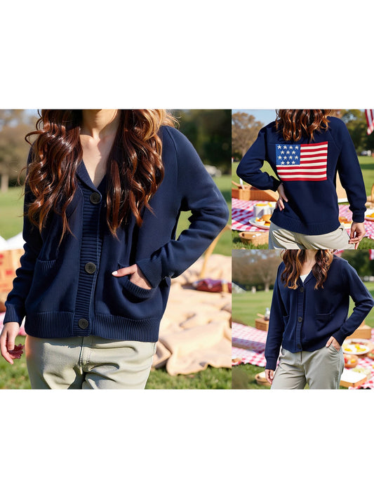 Women s Patriotic American Flag Print Cardigan with Pockets and V-Neckline Long Sleeve Button-Up Knit Sweater for Casual Fall