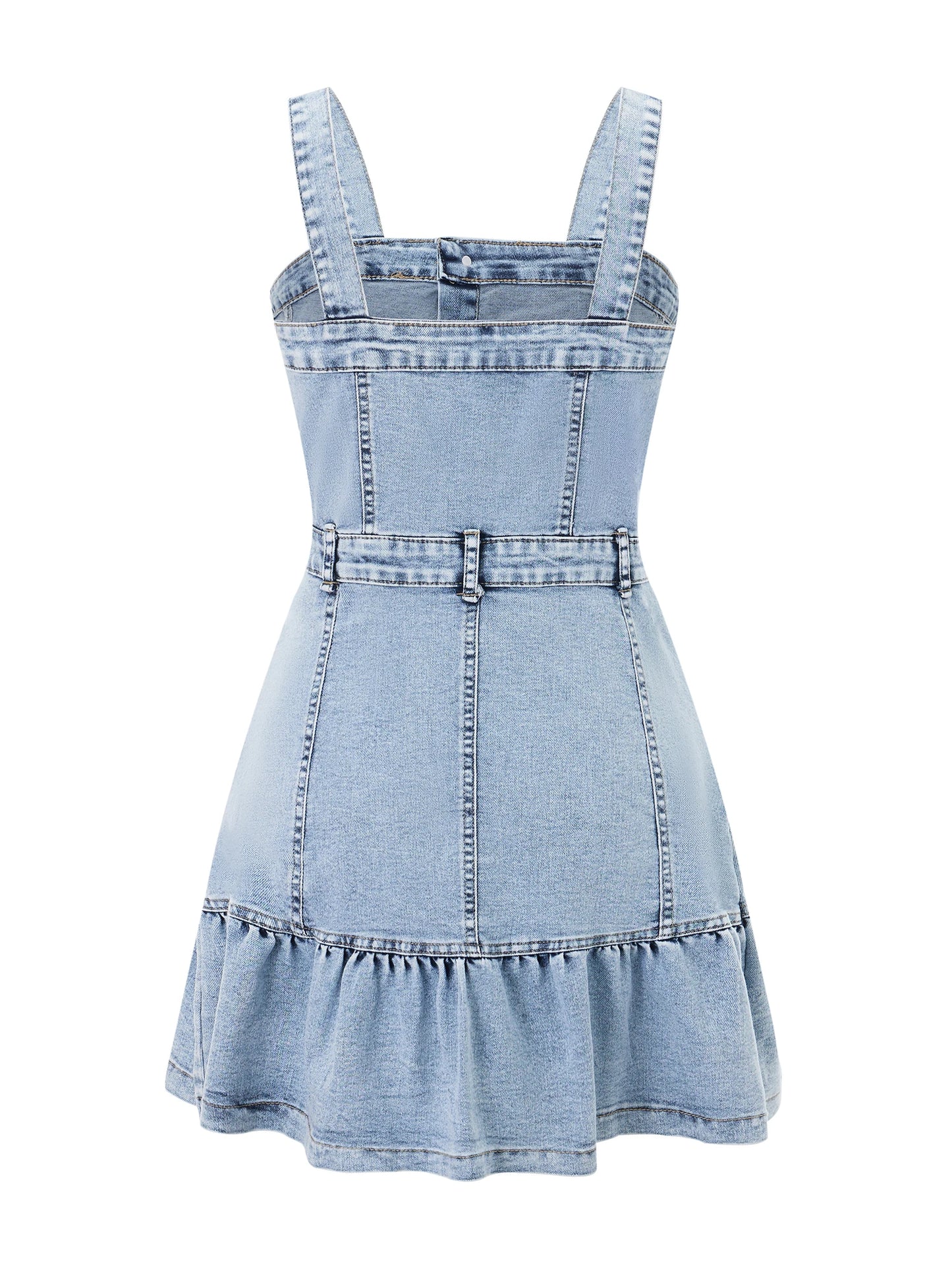 Women s Sleeveless Denim Jumpsuit with Button Up Front and Square Neckline Solid Color Overall Mini Dress for Summer Beachwear