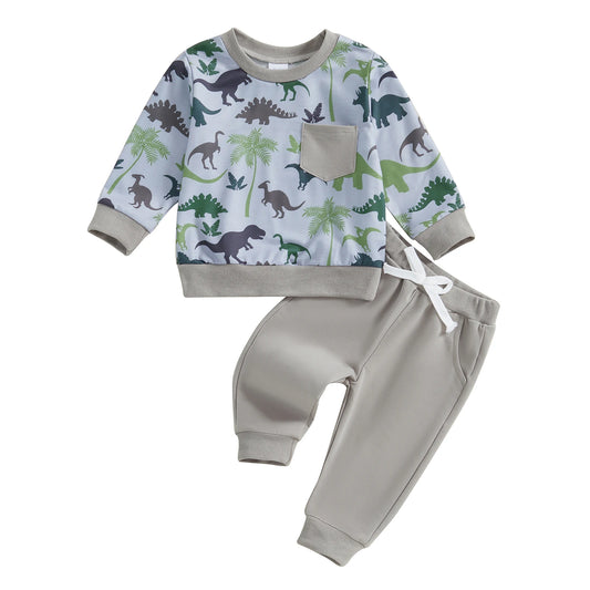 Autumn Toddler Baby Boys Dinosaur Print Casual Suit Round Neck Long Sleeve Sweatshirt Drawstring Elastic Waist Solid Sweatpants