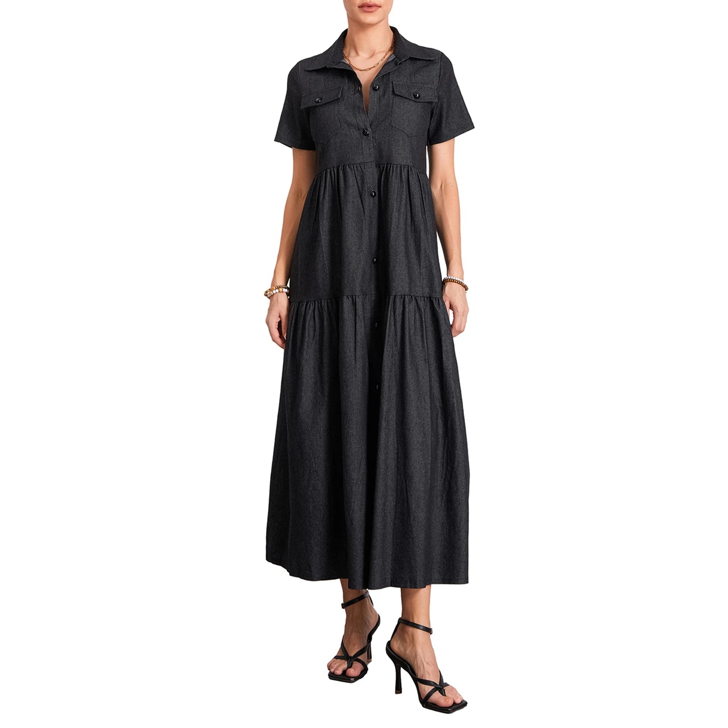 Women s Plus Size Denim Dress Short Sleeve Turn Down Collar Button Front Loose Swing Jean Dress