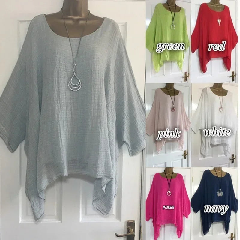 2024 Women t-shirts Plus Size 5XL T-Shirt Linen O Neck Casual Loose Shirt Summer Autumn New Solid Batwing Long Sleeve