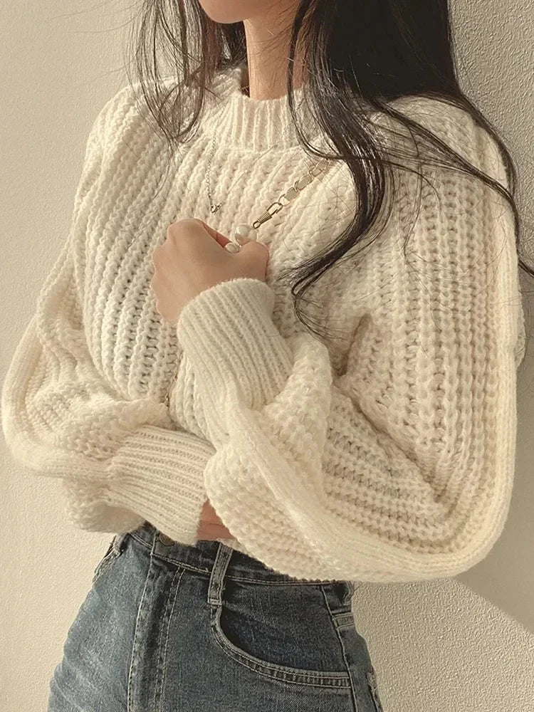Korean Fashion Women's Cropped Sweaters Solid Colo Round Neck Knitted Pullover Woman Chic Loose Long Sleeve Jumper Female