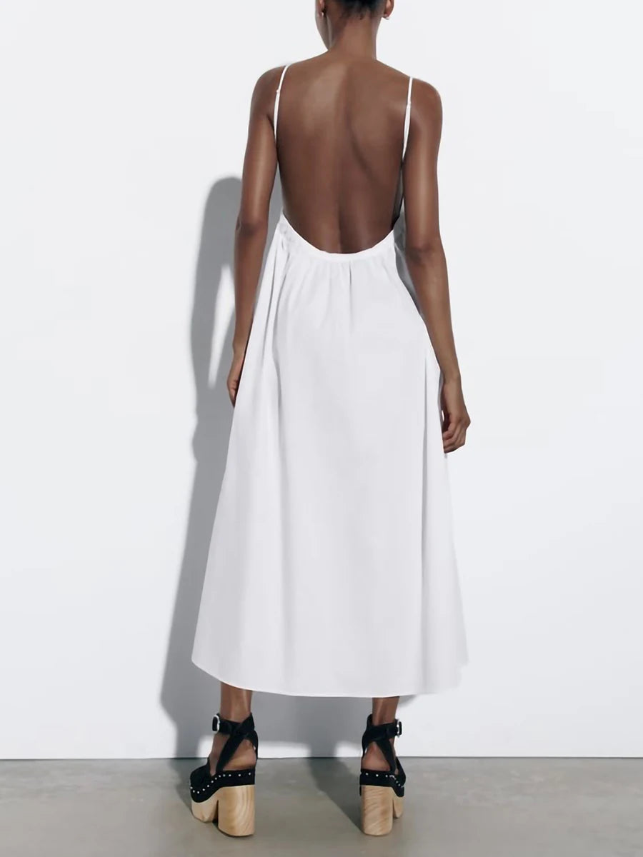 Women Solid Color Long Dress V-Neck Sleeveless Backless A-line Dress Summer Casual Beach Party Cami Dress