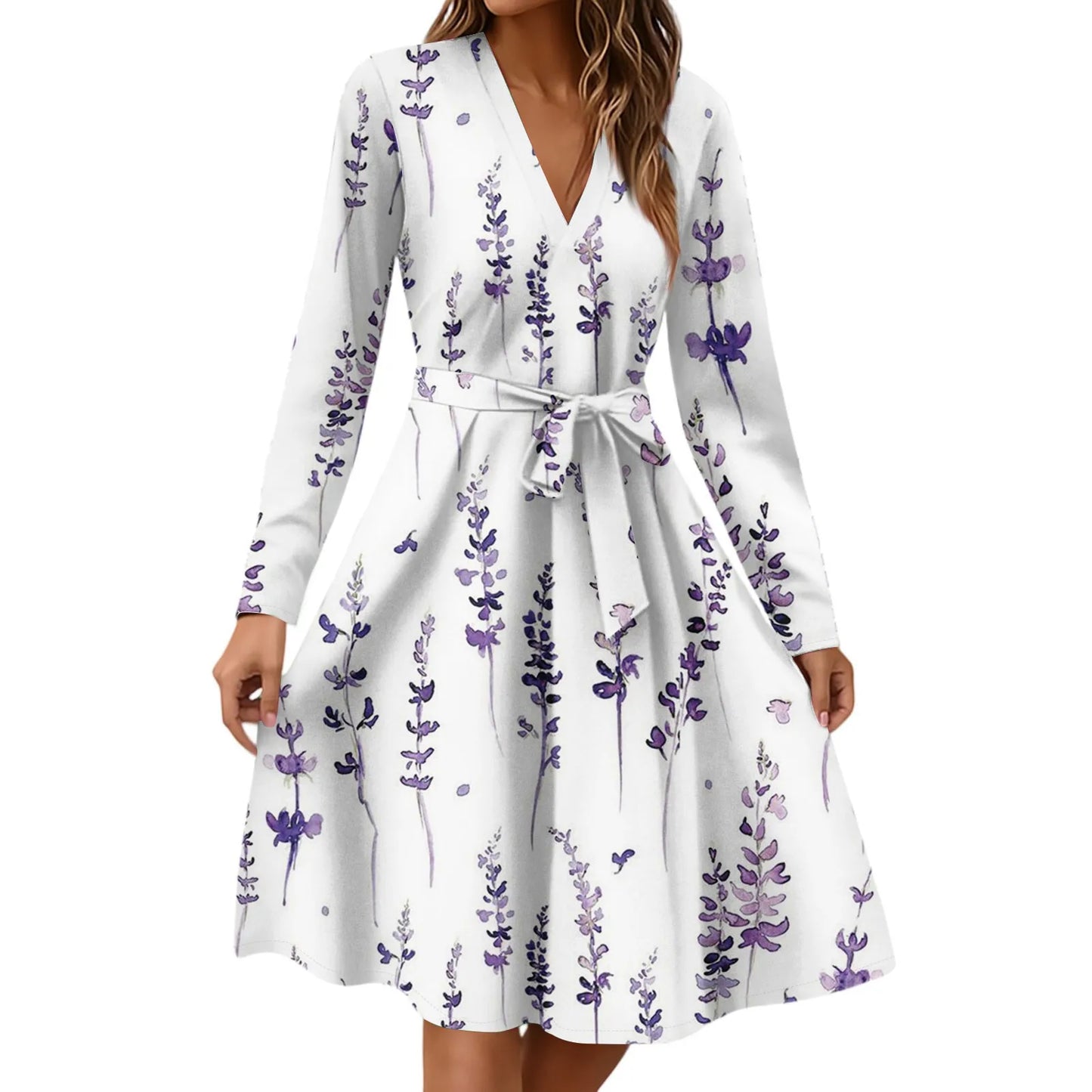 Women'S Fashion Casual V-Neck Long Sleeve Waist Floral Print Midi Dress Vestidos Para Mujer Female Dress Y2k Traf Roupas Feminin