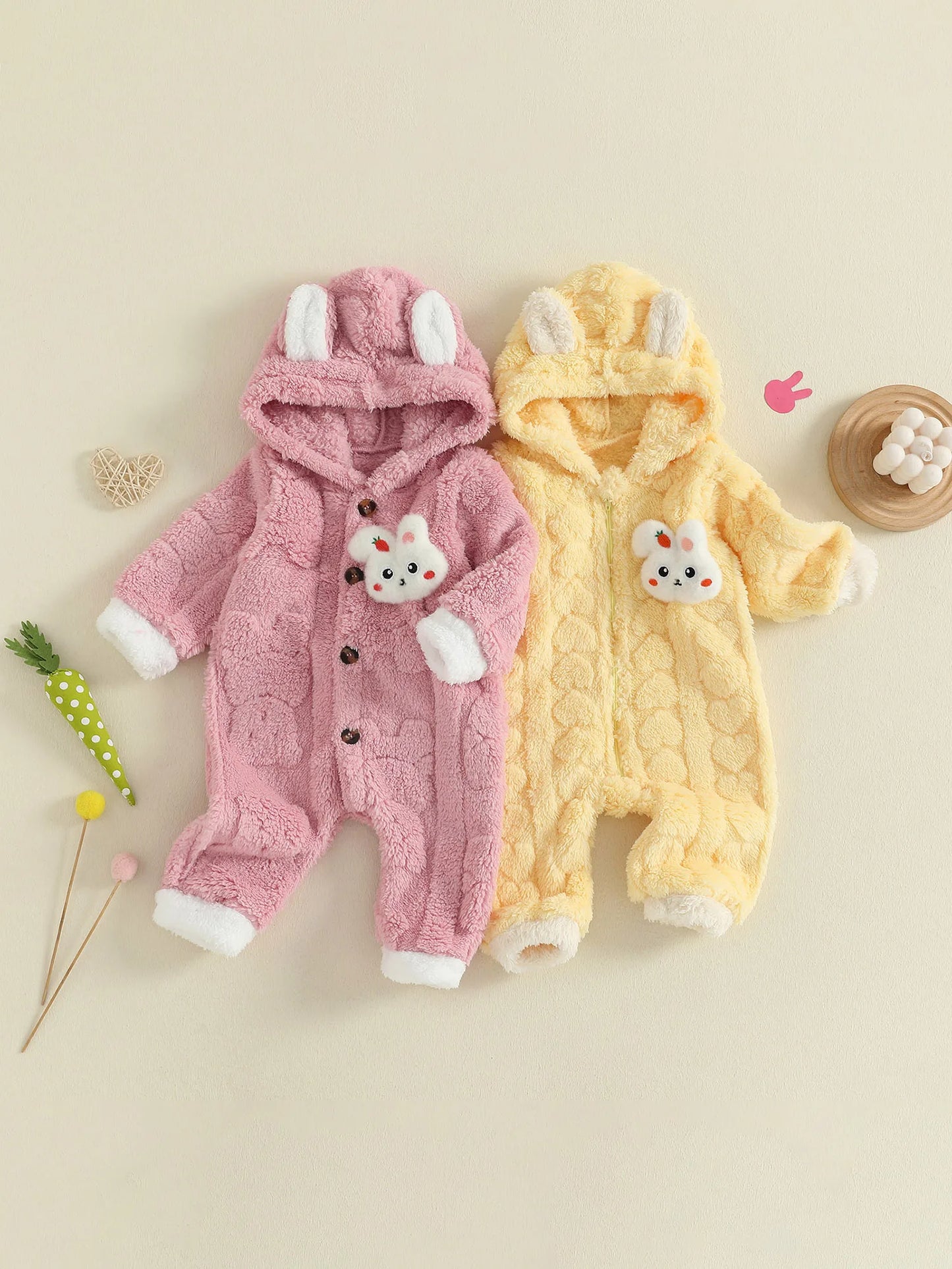 Adorable Infant Fleece Jumpsuit with Bear Ears Hoodie Warm Winter Outfit Zip Up Footed Snowsuit for Baby Boy or Girl