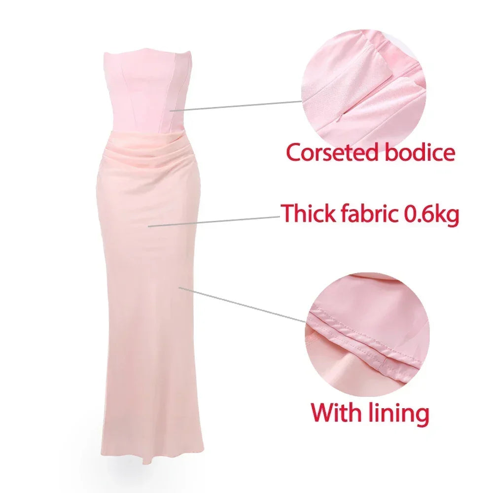 2025 Women's Evening Dress Strapless Pink Prom Party Dresses  Satin Long Corset Dress Elegant Maxi Gala Dresses