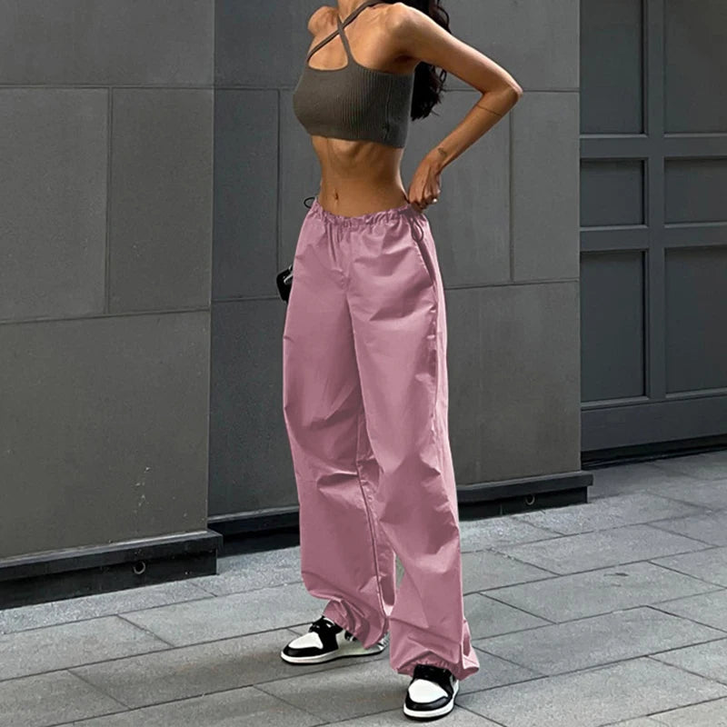 Y2k Cargo Women Drawstring Pants Low Waist Sweatpant Streetwear Vintage Baggy Wide Leg Trousers Oversized Parachute Jogger Pants