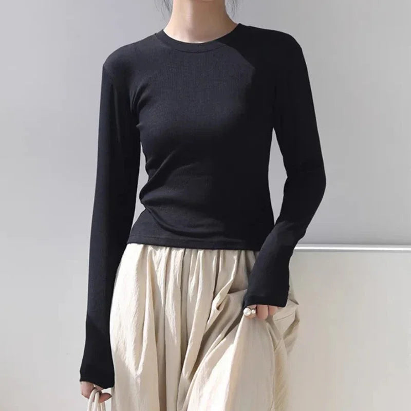 Cotton O Neck Long Sleeve Shirt Women Sexy Cropped Tops 2024 Autumn Black Casual Skinny Slim Basic Woman T Shirts White Clothing