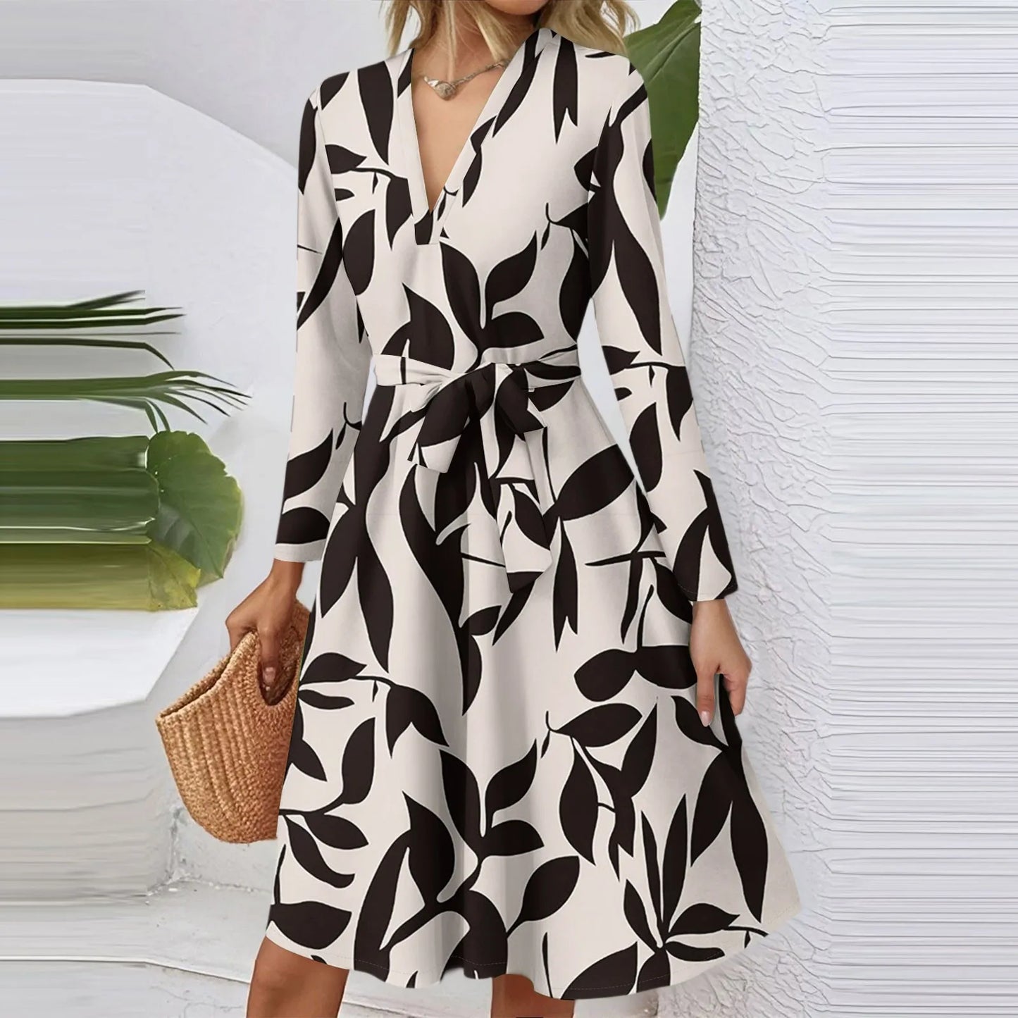 Women'S Fashion Casual V-Neck Long Sleeve Waist Floral Print Midi Dress Vestidos Para Mujer Female Dress Y2k Traf Roupas Feminin